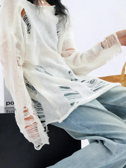 Free Shipping For 'Snow City' White Wasteland Punk Ripped Oversized Sweater