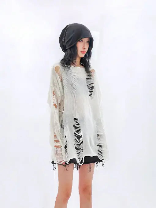 Free Shipping For 'Snow City' White Wasteland Punk Ripped Oversized Sweater