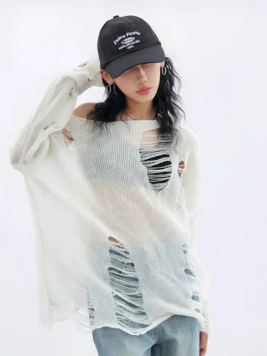 Free Shipping For 'Snow City' White Wasteland Punk Ripped Oversized Sweater