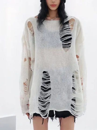 Free Shipping For 'Snow City' White Wasteland Punk Ripped Oversized Sweater