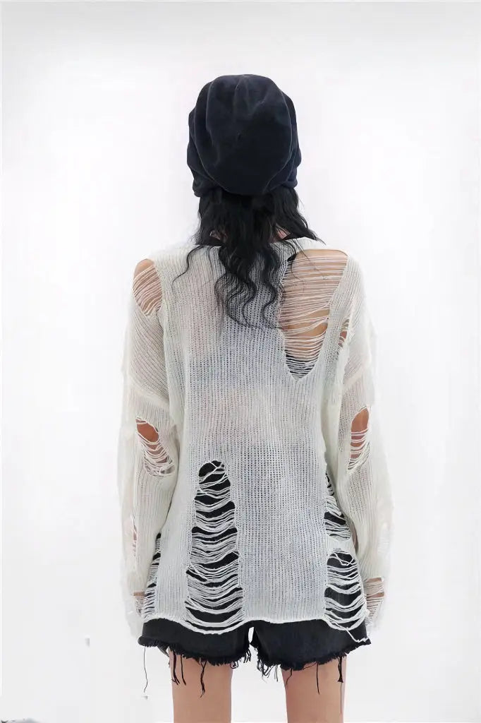 Free Shipping For 'Snow City' White Wasteland Punk Ripped Oversized Sweater