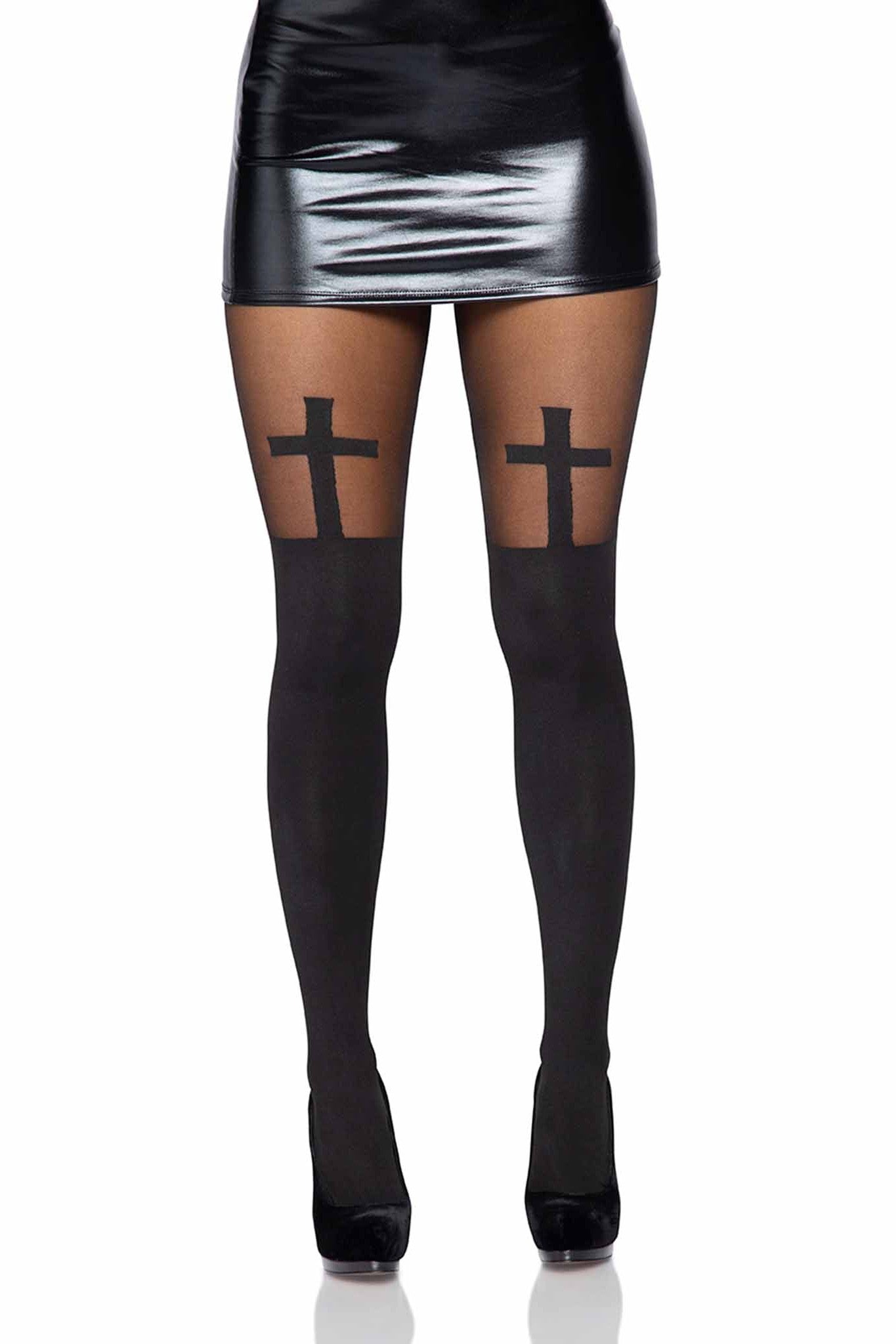 Free Shipping For Spandex Opaque Cross Pantyhose With Sheer Thigh Accent