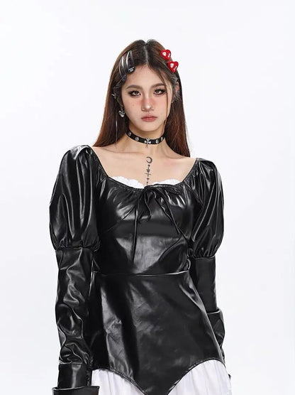 Free Shipping For 'Spell' Goth Patchwork Pu Leather Puff Sleeves Dress