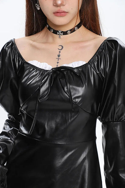 Free Shipping For 'Spell' Goth Patchwork Pu Leather Puff Sleeves Dress