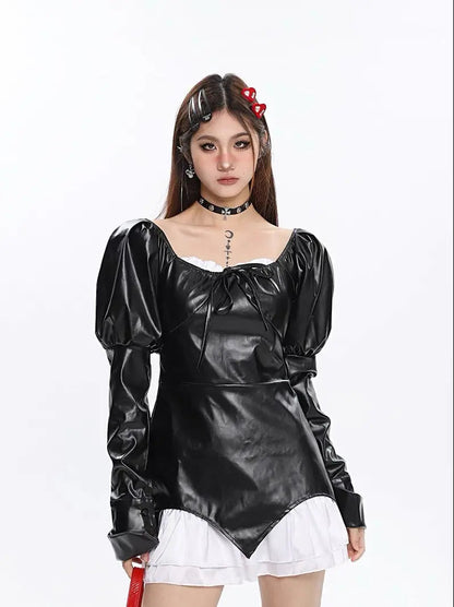 Free Shipping For 'Spell' Goth Patchwork Pu Leather Puff Sleeves Dress