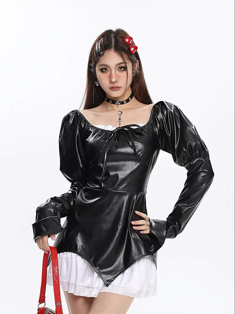 Free Shipping For 'Spell' Goth Patchwork Pu Leather Puff Sleeves Dress