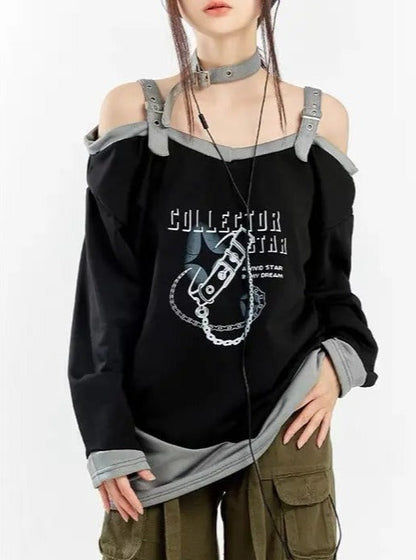 Free Shipping For 'Star Collector' Punk Buckle Strap Off-Shoulder Top