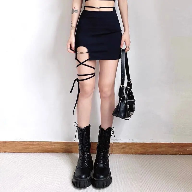 Free Shipping For 'Statement' Dark Mini Leg Strap Skirt