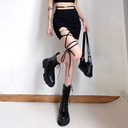 Free Shipping For 'Statement' Dark Mini Leg Strap Skirt