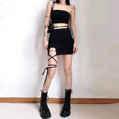 Free Shipping For 'Statement' Dark Mini Leg Strap Skirt