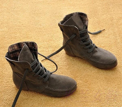 Autumn Solid Color Lace Up Flat Short Boots-Homeunderwear