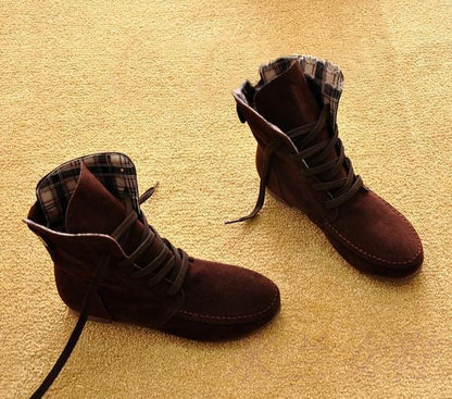 Autumn Solid Color Lace Up Flat Short Boots-Homeunderwear