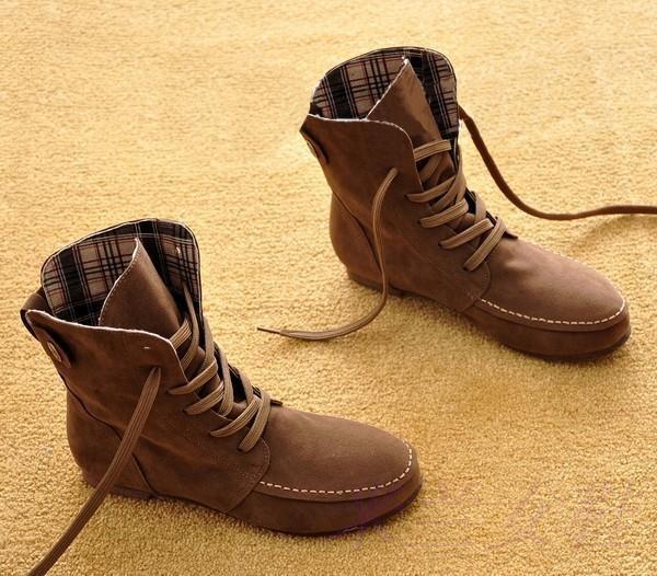 Autumn Solid Color Lace Up Flat Short Boots-Homeunderwear