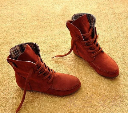 Autumn Solid Color Lace Up Flat Short Boots-Homeunderwear