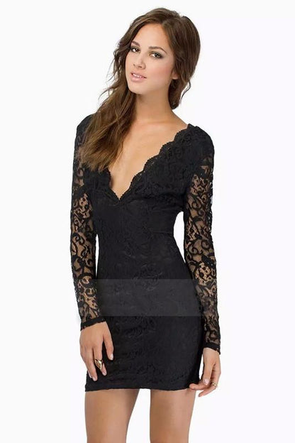 Clearance Lace Floral V-neck Backless Long Sleeve Short Dress