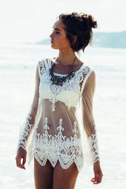 Lace Transparent Long Sleeves Beach Bikini Cover Up Dress
