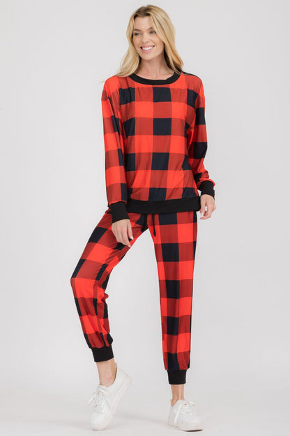 Free Shipping For Cozy Plaid Printed Christmas Loungewear Set