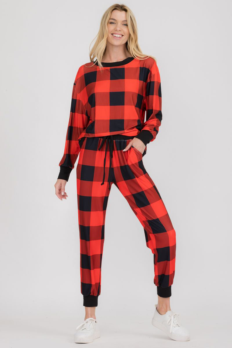 Free Shipping For Cozy Plaid Printed Christmas Loungewear Set