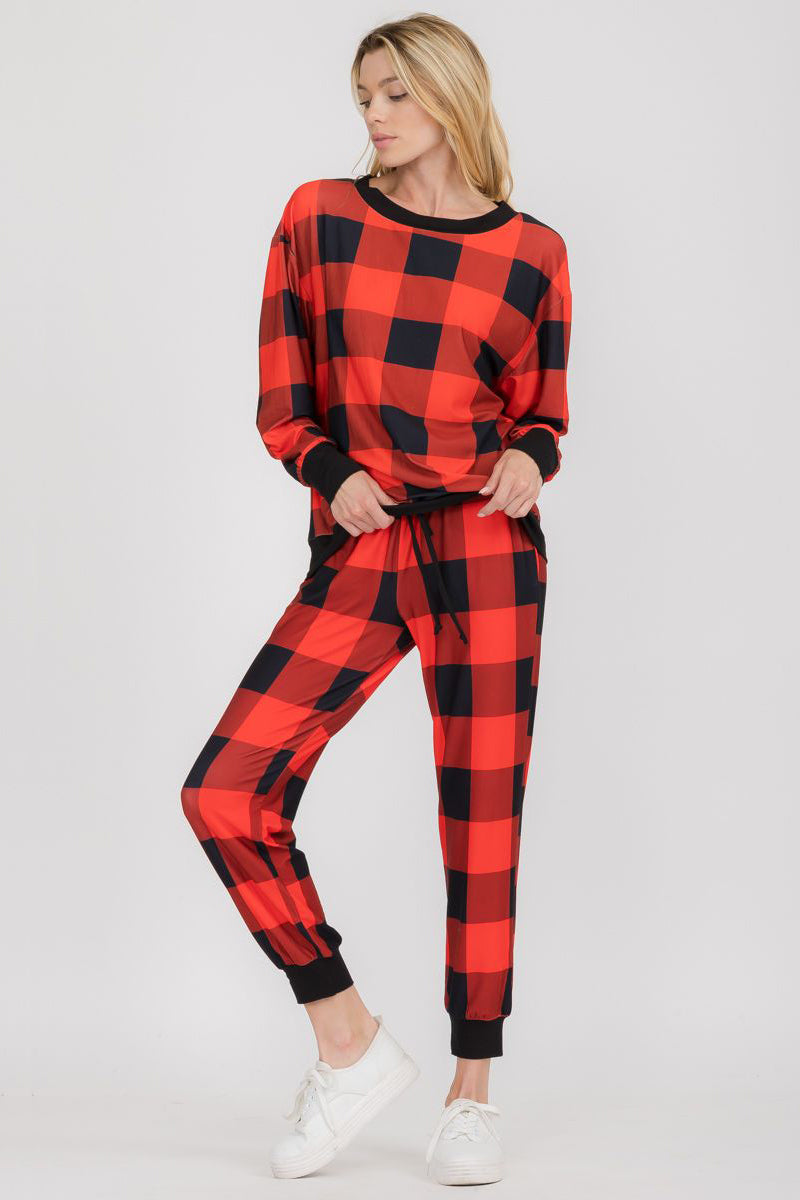 Free Shipping For Cozy Plaid Printed Christmas Loungewear Set