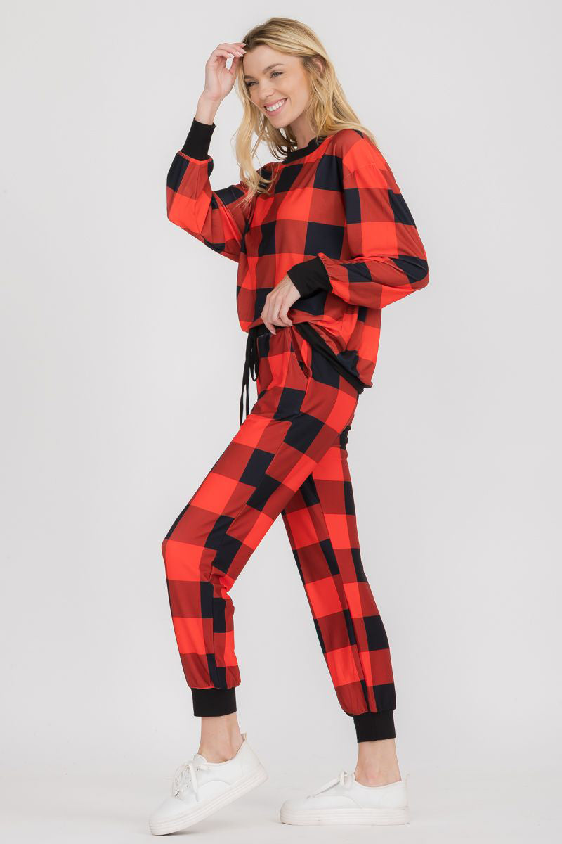 Free Shipping For Cozy Plaid Printed Christmas Loungewear Set