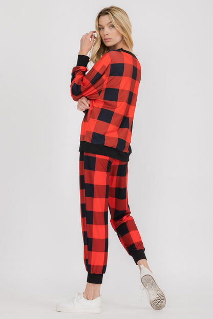 Free Shipping For Cozy Plaid Printed Christmas Loungewear Set