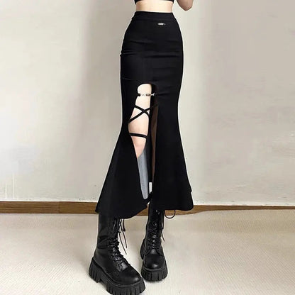 Free Shipping For 'Tail' Goth Dark Split Midi Skirt