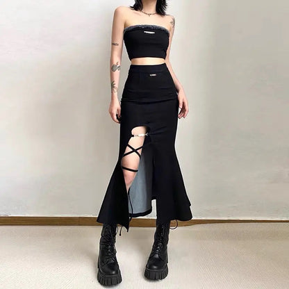 Free Shipping For 'Tail' Goth Dark Split Midi Skirt