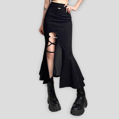 Free Shipping For 'Tail' Goth Dark Split Midi Skirt