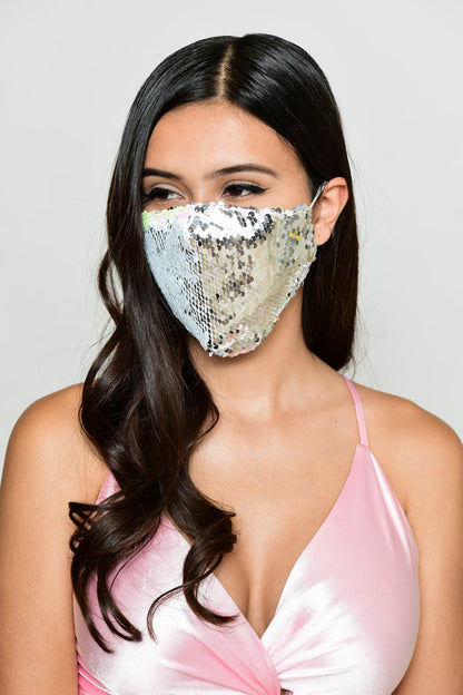 Free Shipping For Reversible Sequin Face Mask - Iridescent/Silver