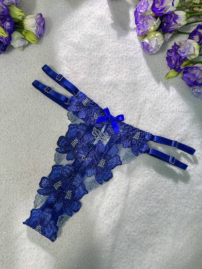 Free Shipping For Blue Floral Embroidery Bustier Straps Lingerie Set