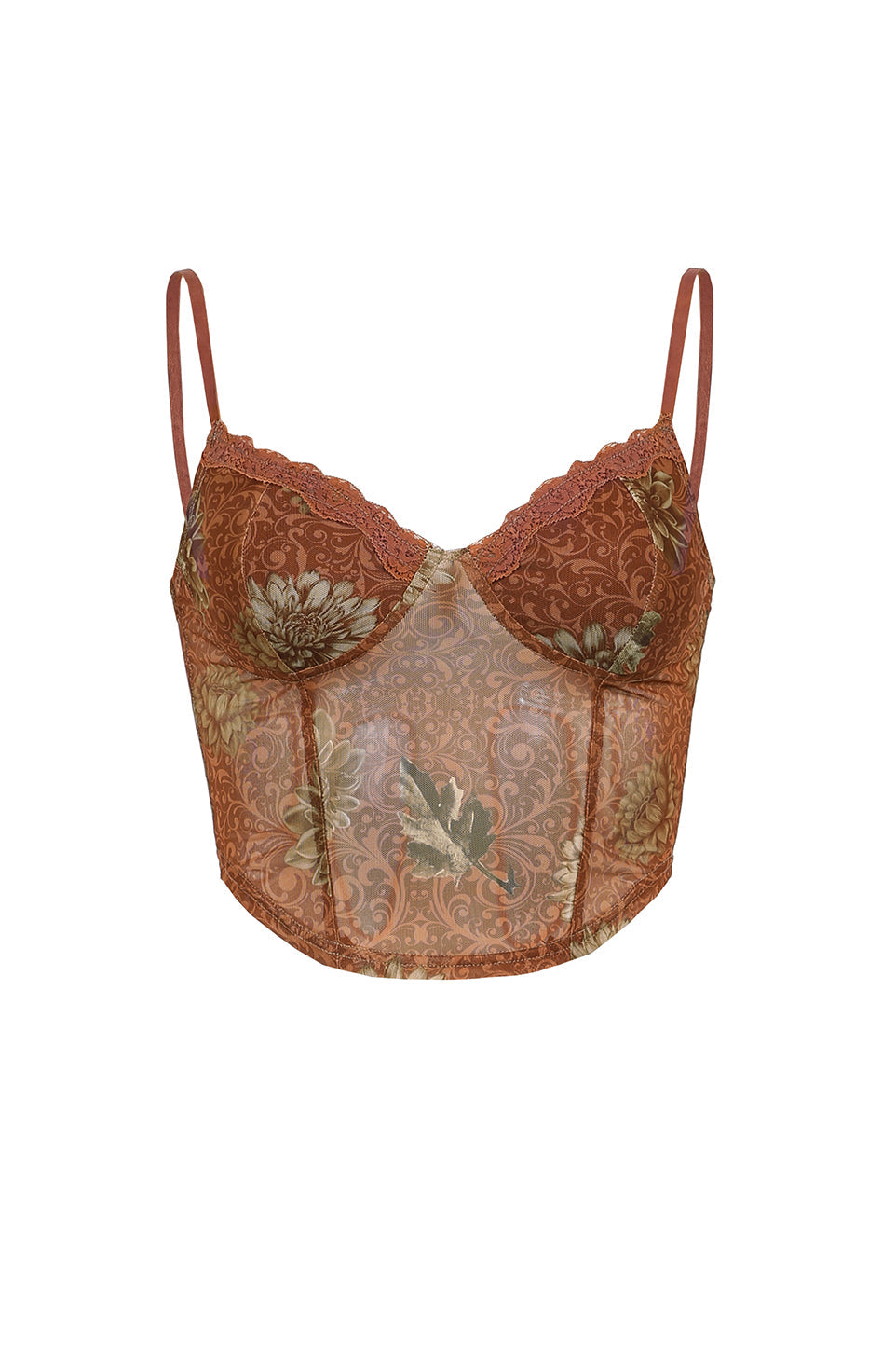 Free Shipping For Brown Mesh Flowers Pattern Lace Cami Top