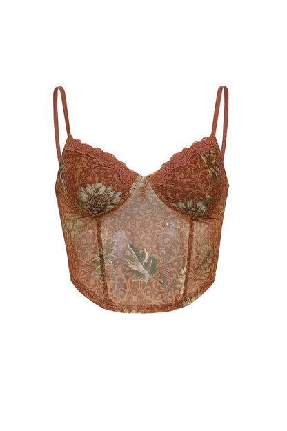 Free Shipping For Brown Mesh Flowers Pattern Lace Cami Top