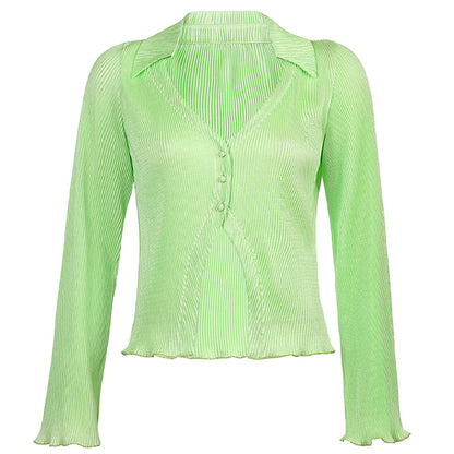 Free Shipping For Fluorescent Green Silk Shirt Long Sleeve Top