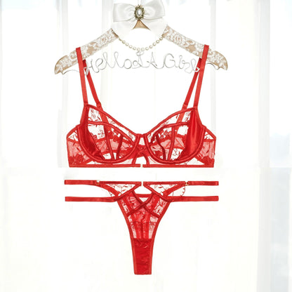 Free Shipping For  Red Floral Embroidery Lingerie Set