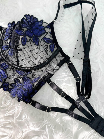 Free Shipping For Black&Blue Lace Tie Adjustable Sculpting Body Lingerie Set