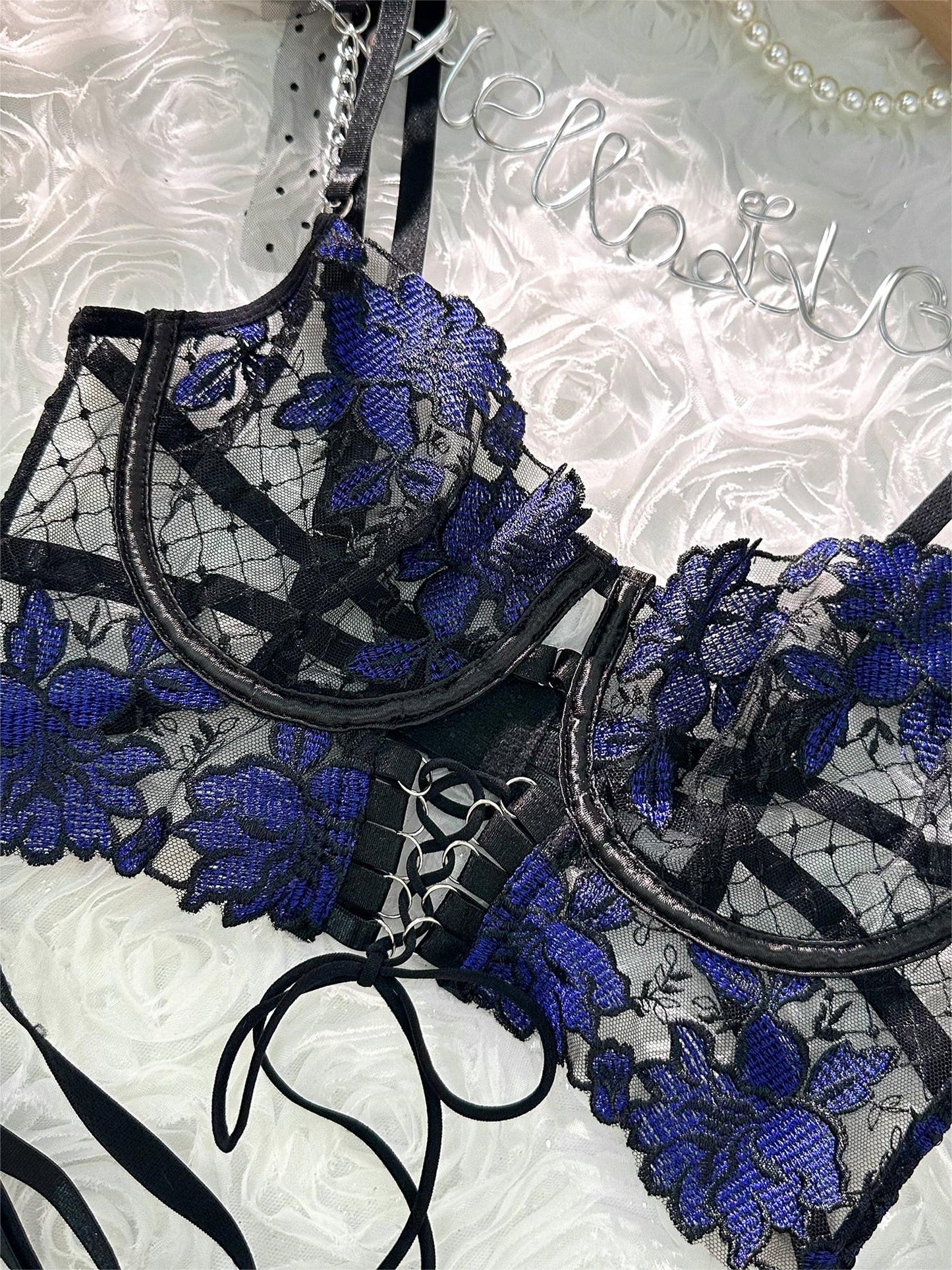 Free Shipping For Black&Blue Lace Tie Adjustable Sculpting Body Lingerie Set