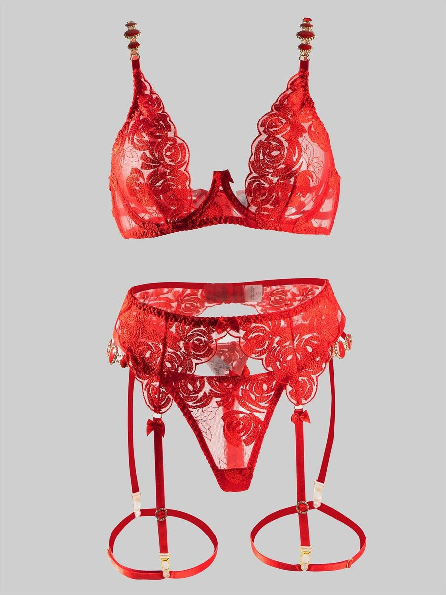 Free Shipping For Red Embroidered Sexy Push Up Lingerie Set