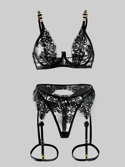 Free Shipping For Black Embroidered Sexy Push Up Lingerie Set