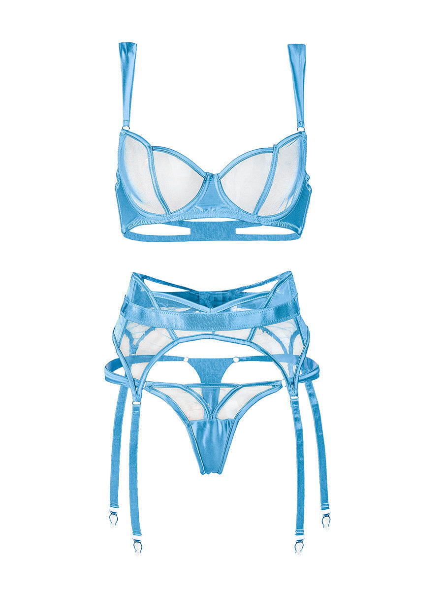 Free Shipping For  Blue See Through Mesh Sexy Push Up Lingerie Set