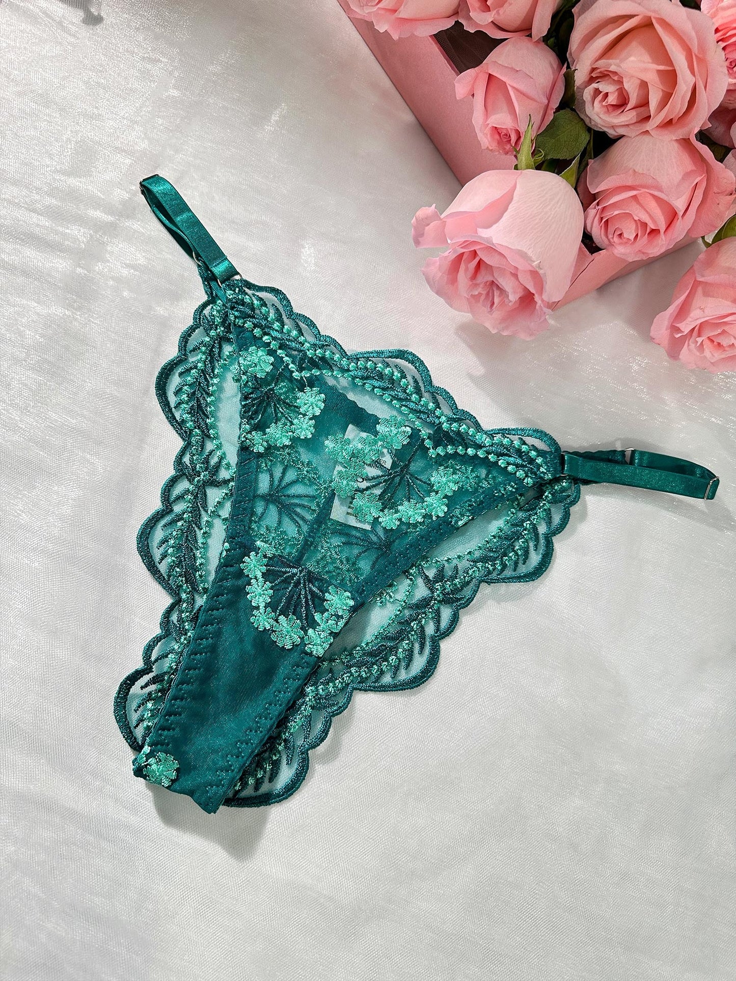 Free Shipping For Vintage Turquoise Satin Embroidered Thong