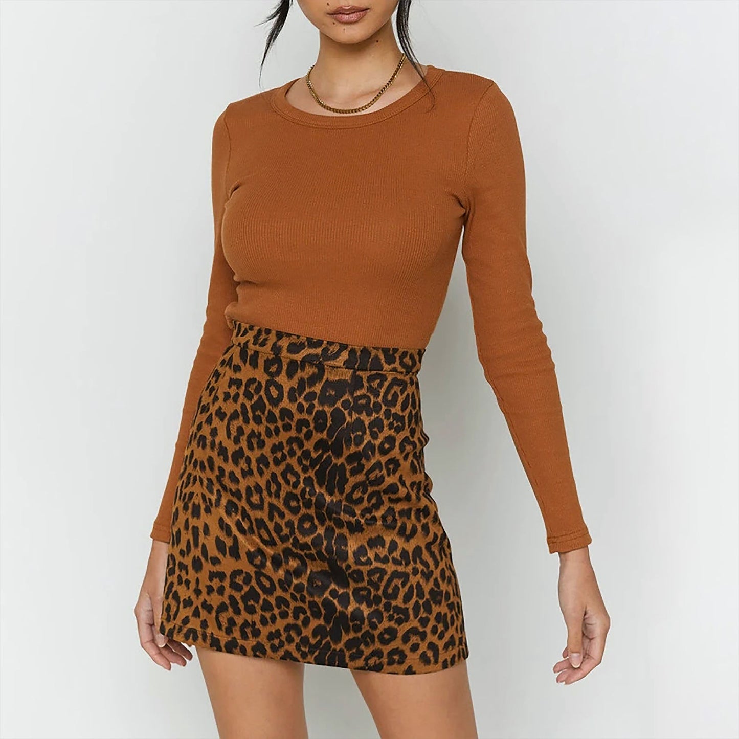 Free Shipping For Women's Faux Suede Leopard Print High Waist Zipper Mini A-Line Short Skirt