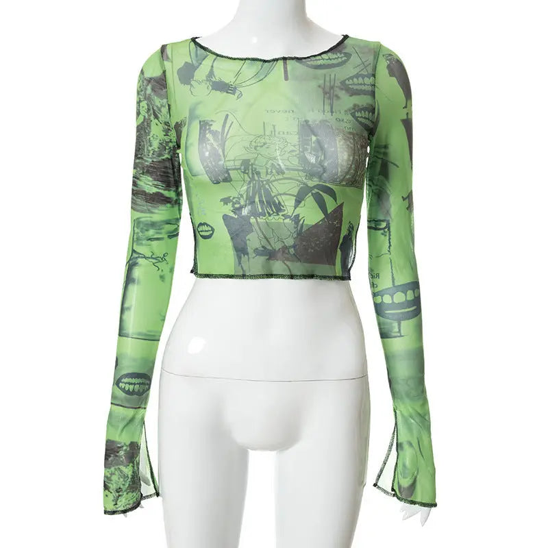 Free Shipping For 'Wheatgrass' Fairy Grunge Graffiti Mesh Top