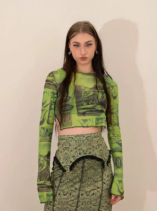 Free Shipping For 'Wheatgrass' Fairy Grunge Graffiti Mesh Top