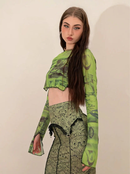 Free Shipping For 'Wheatgrass' Fairy Grunge Graffiti Mesh Top