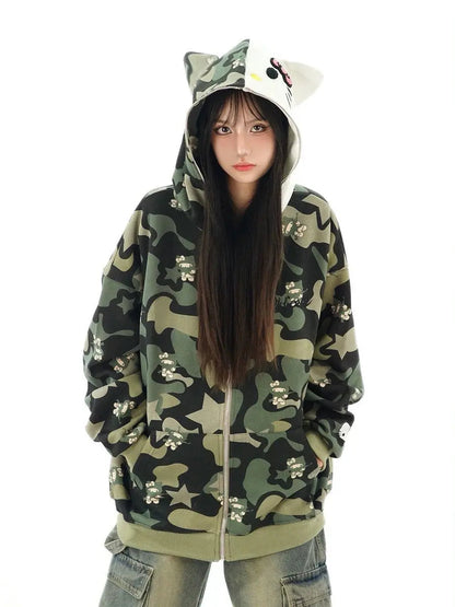 Free Shipping For 'Wild Kitty' Kawaii Kitty Face Zipped Oversized  Hoodie