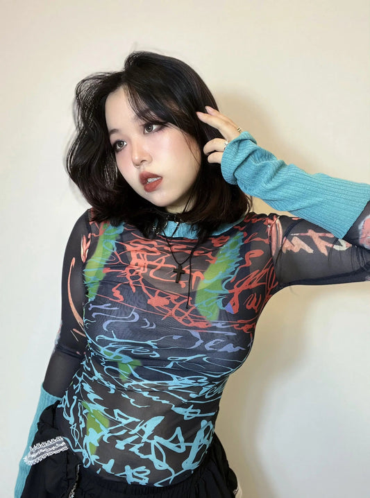 Free Shipping For 'Windy Summer' Y2k Patchwork Sleeves Graffiti Mesh Top