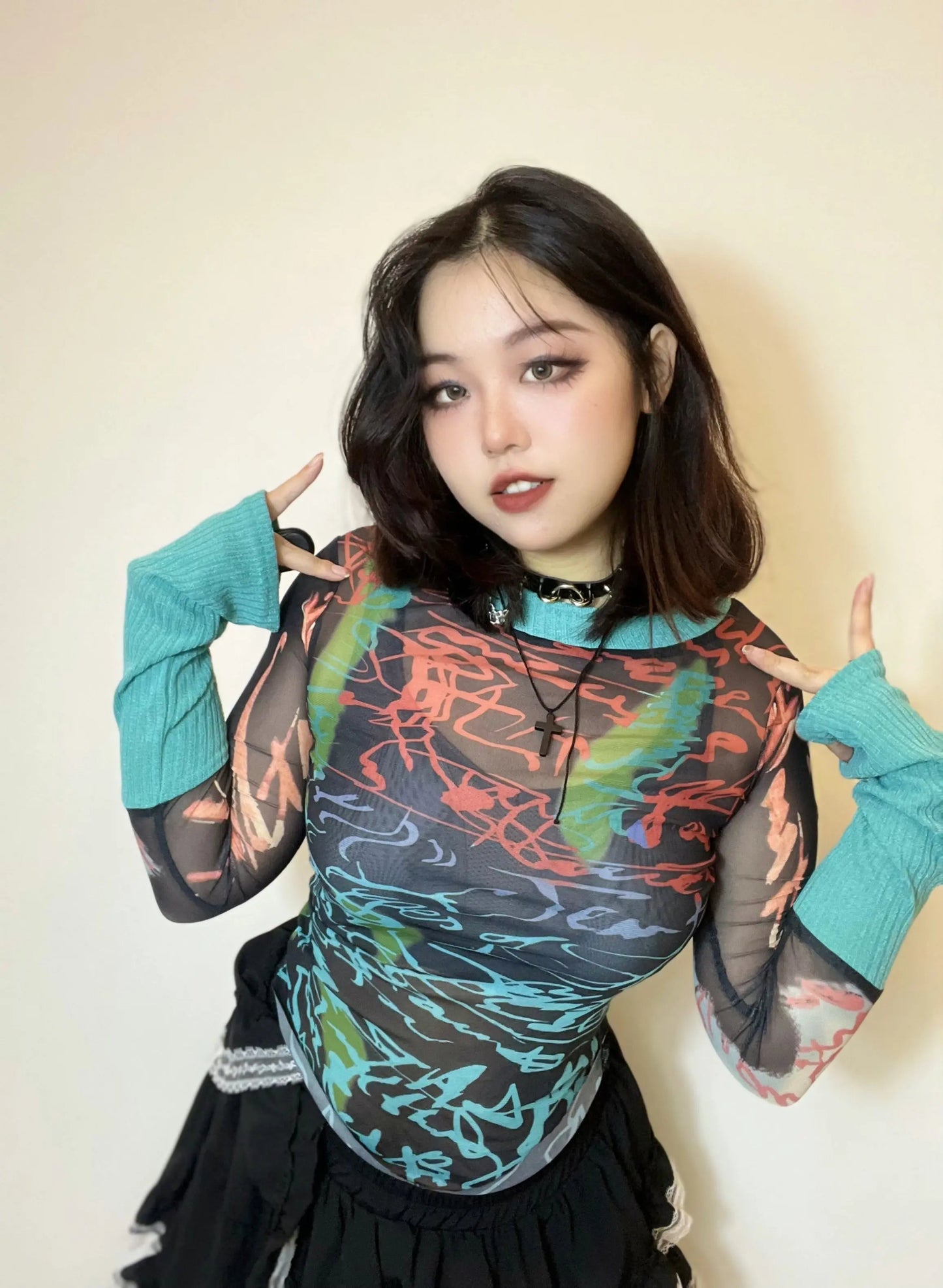 Free Shipping For 'Windy Summer' Y2k Patchwork Sleeves Graffiti Mesh Top