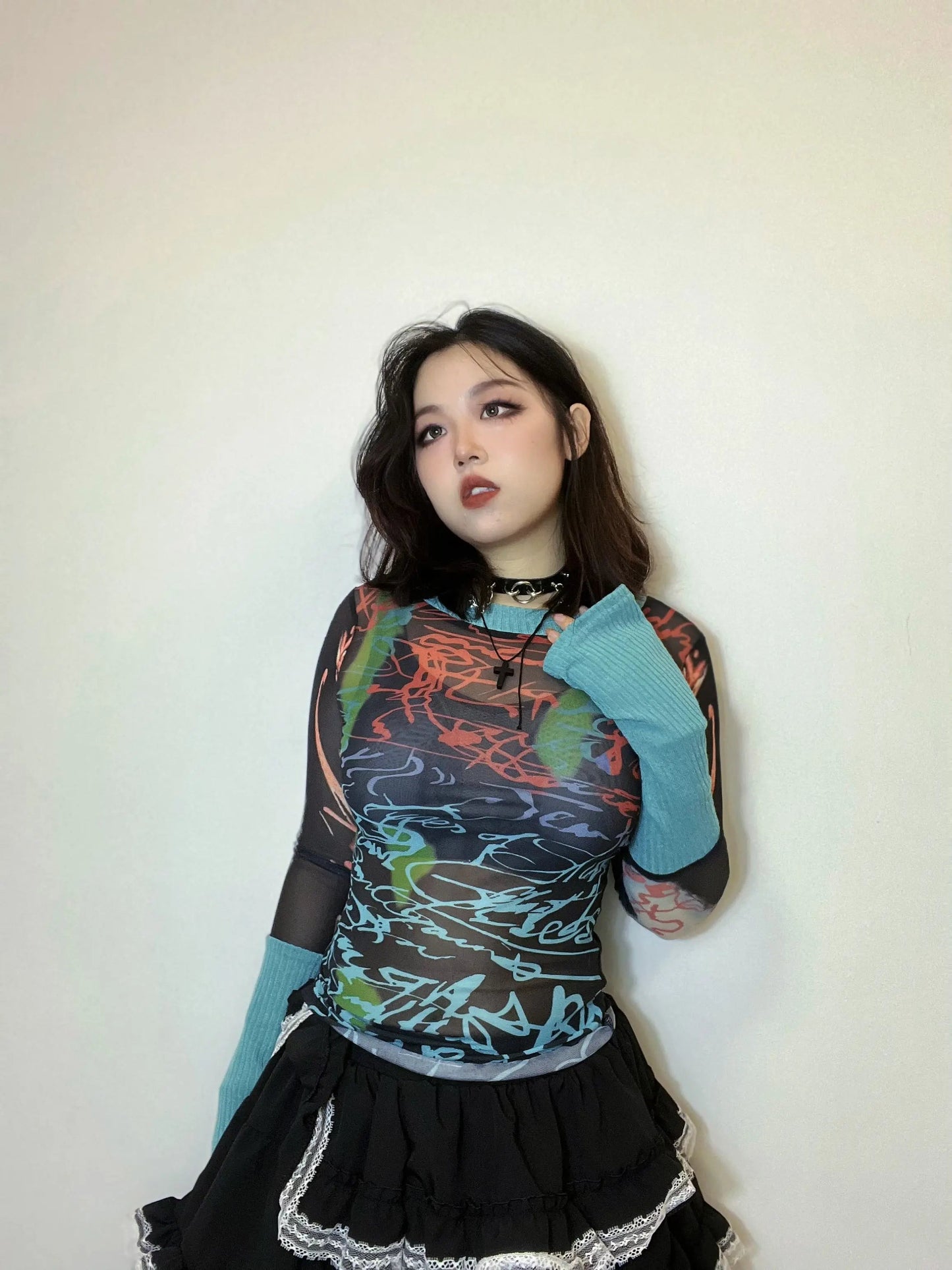 Free Shipping For 'Windy Summer' Y2k Patchwork Sleeves Graffiti Mesh Top