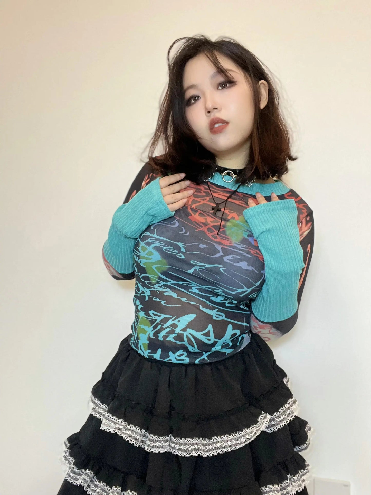 Free Shipping For 'Windy Summer' Y2k Patchwork Sleeves Graffiti Mesh Top