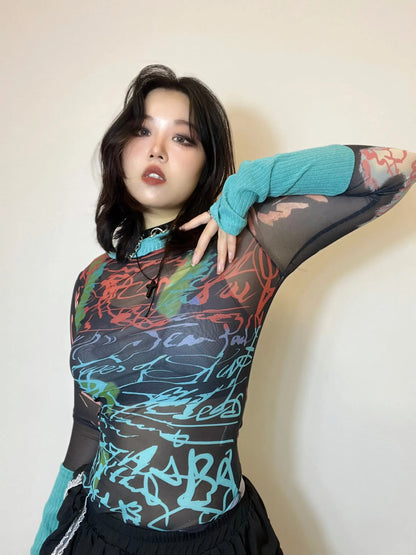 Free Shipping For 'Windy Summer' Y2k Patchwork Sleeves Graffiti Mesh Top